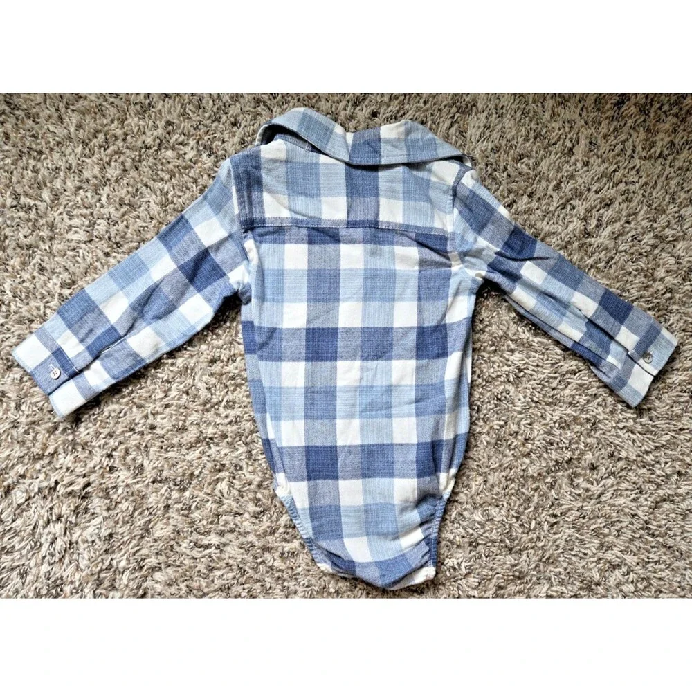 Carter’s Plaid Button Up Bodysuit Baby Boys Size 18 M Long Sleeve Blue white